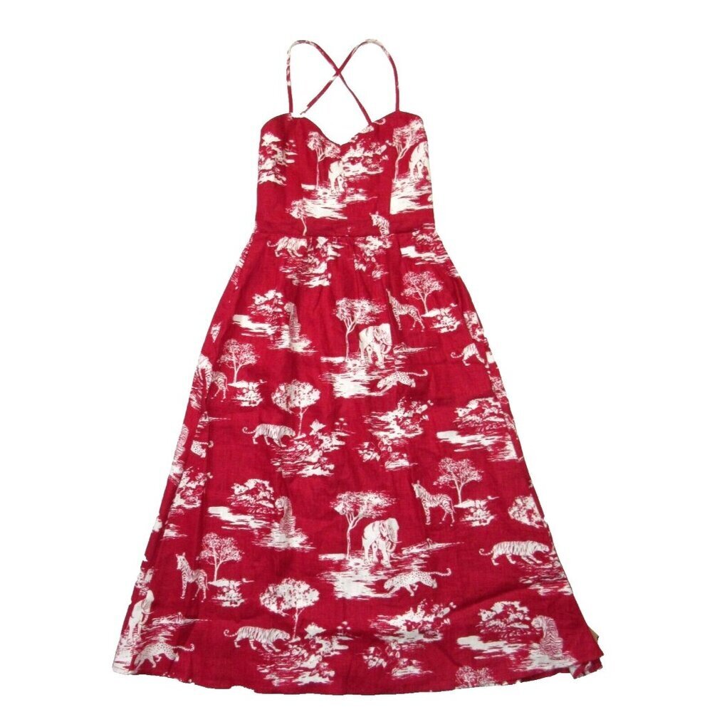 NWT Reformation Pepper in Wildlife Red White Linen Lace-up Back Midi Dress 2 - Picture 3 of 9